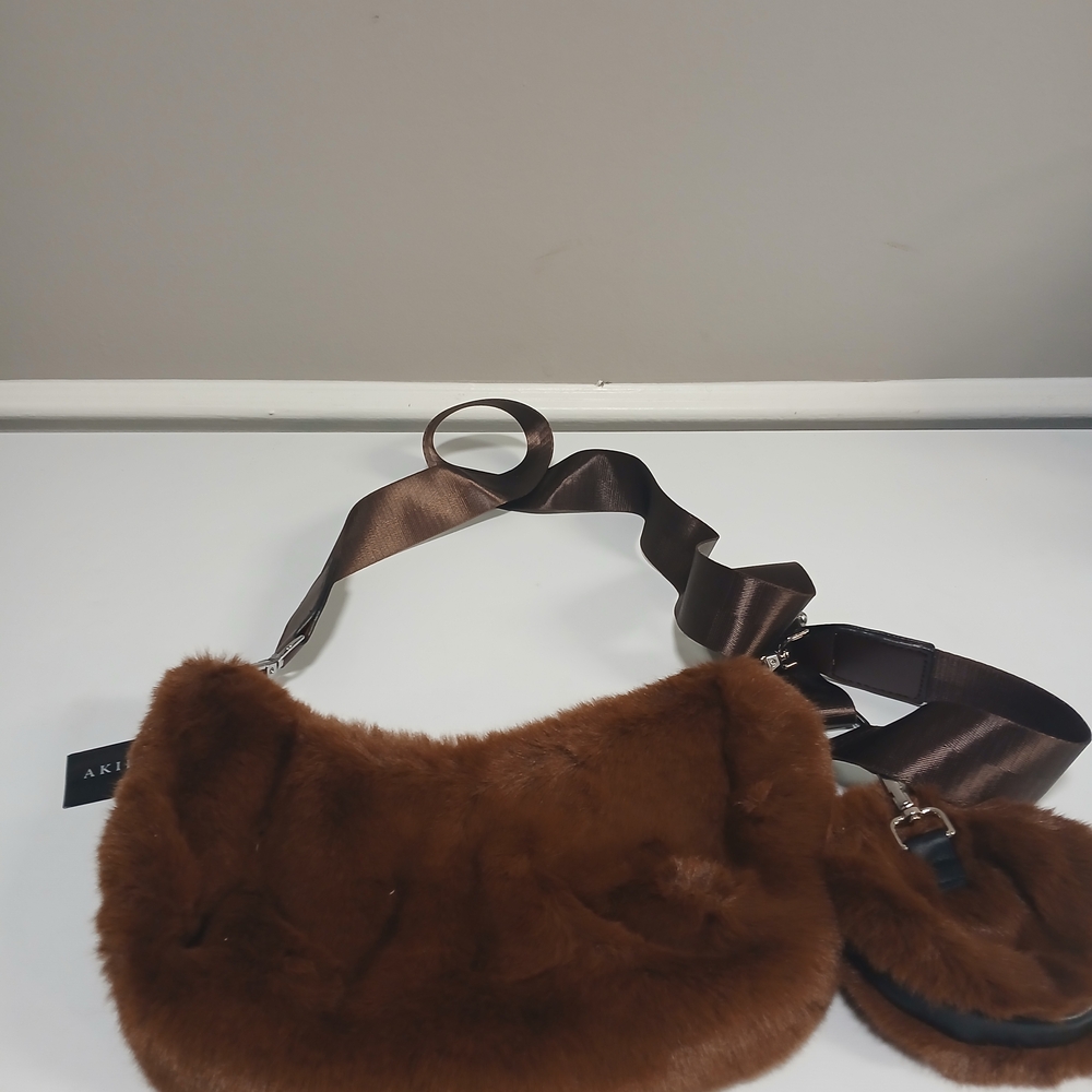 New! AKIRA Brown Faux Fur Crossbody Bag With Detachable Pouch, Wide Fabric Strap